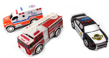 Load image into Gallery viewer, 3-in-1 Emergency Vehicle Toy PlaySet for Kids (Fire Truck, Police Car, Ambulance)