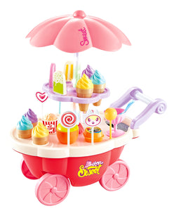 Pink Candy Ice Cream Cart Electrical with Light and Music 39PCS Miniature Sweet Shop Trolley Pretend Role Play