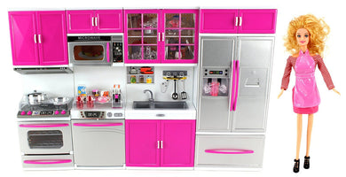 My Modern Kitchen Full Deluxe Kit Battery Operated Toy Doll Kitchen Playset with Toy Doll, Lights, and Sound